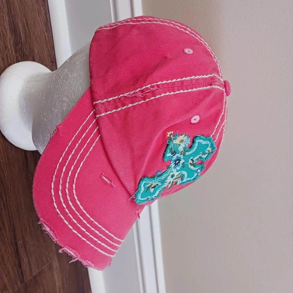 Kbethos Cap Hat Vintage Embroidered Distressed Cross Pink Women's Adjustable Y2K - Picture 2 of 8